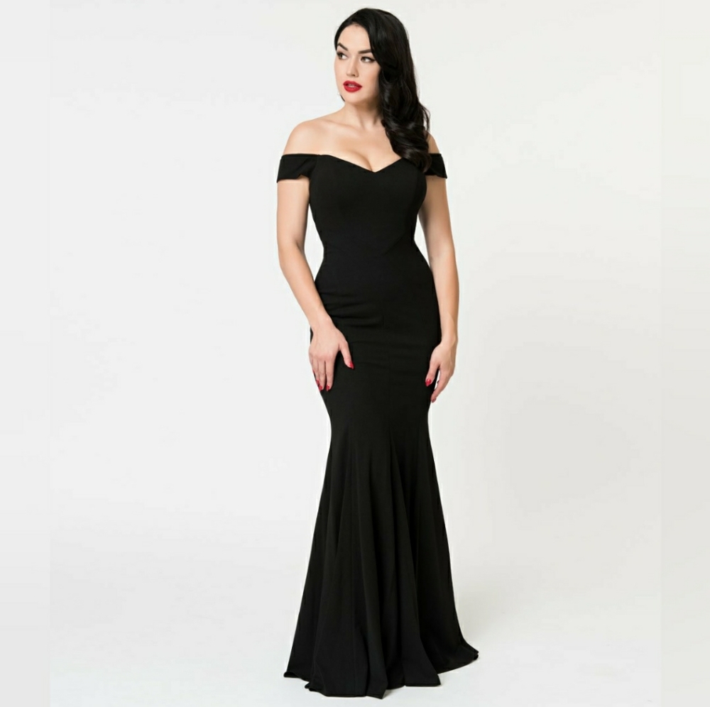Black Off Shoulder Fitted Mermaid Long Dress